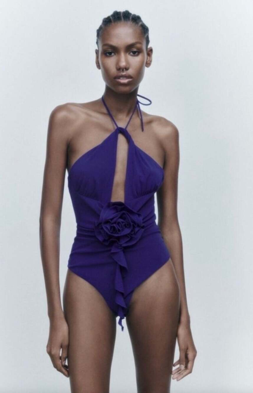 Zara Floral Rose Applique Halter Bodysuit Blue Small Tie Neck One Piece Coquette